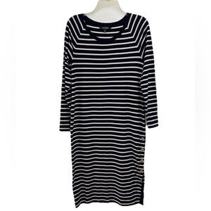 Ralph Lauren Midi Side Button Dress Size Small Long Sleeve White Navy Striped